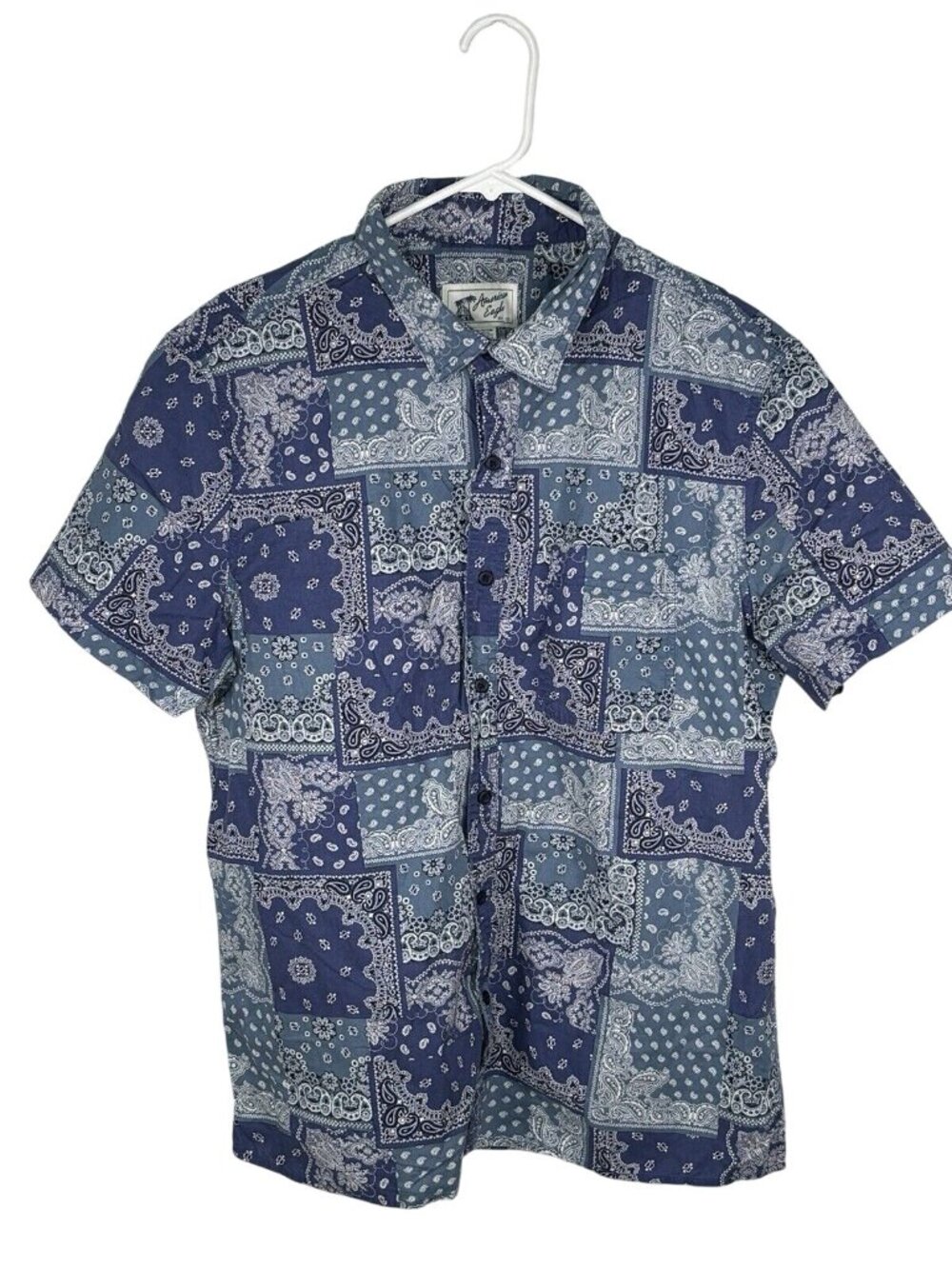 American Eagle Mens XL Blue Paisley Bandana Short Sleeve Button-Up Shirt 99% Cot
